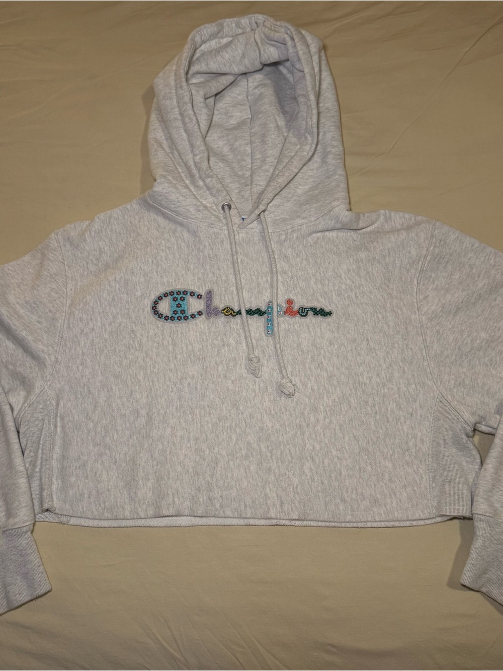Champion Cropped Hoodie Sweatshirt - Heather Gray with Multicolor Logo